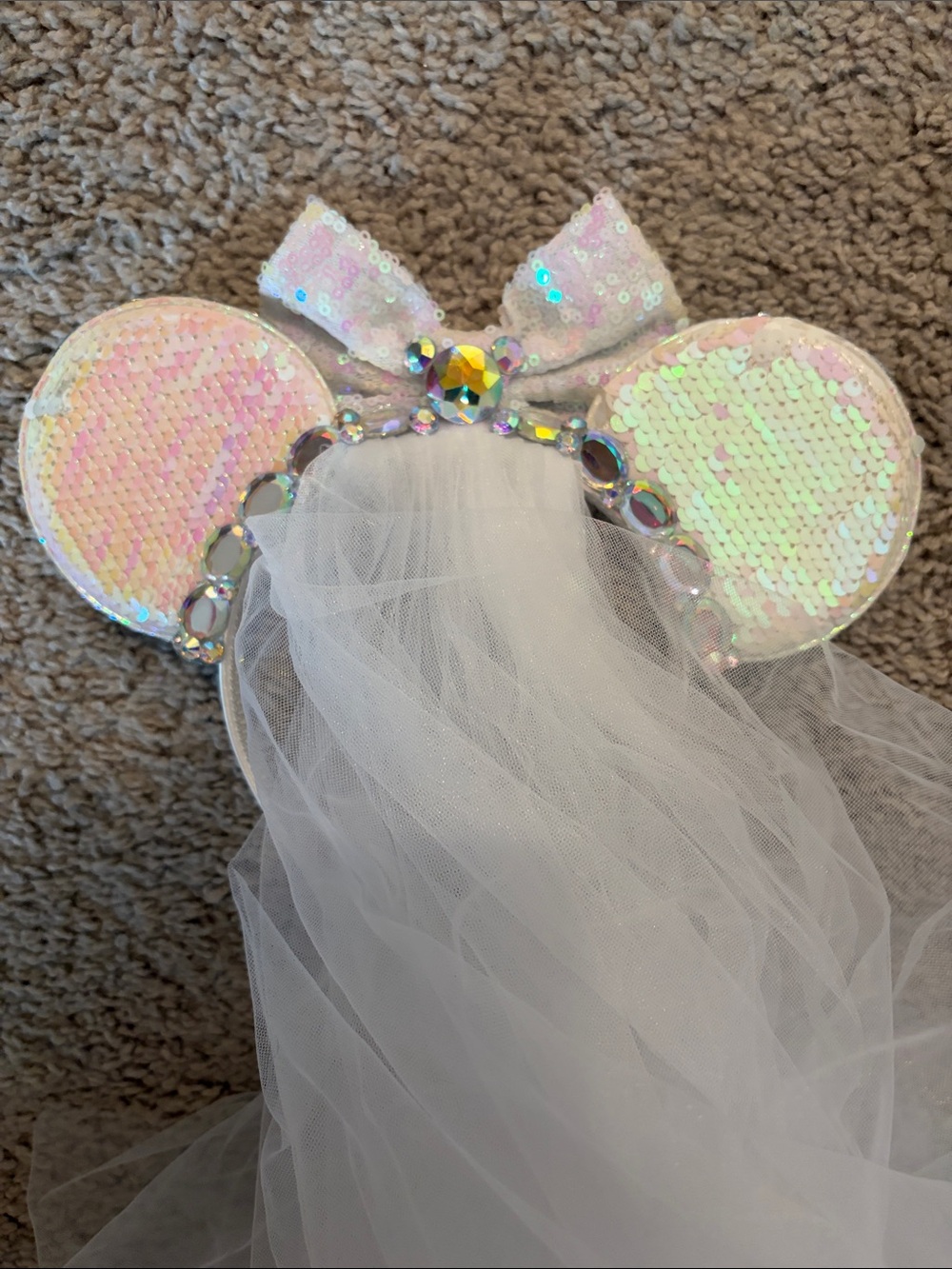 Bridal White Sequin Mouse Ears Headband with Veil - Picture 3 of 3
